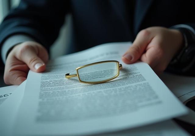 A business professional reviewing a fine print contract with a magnifying glass